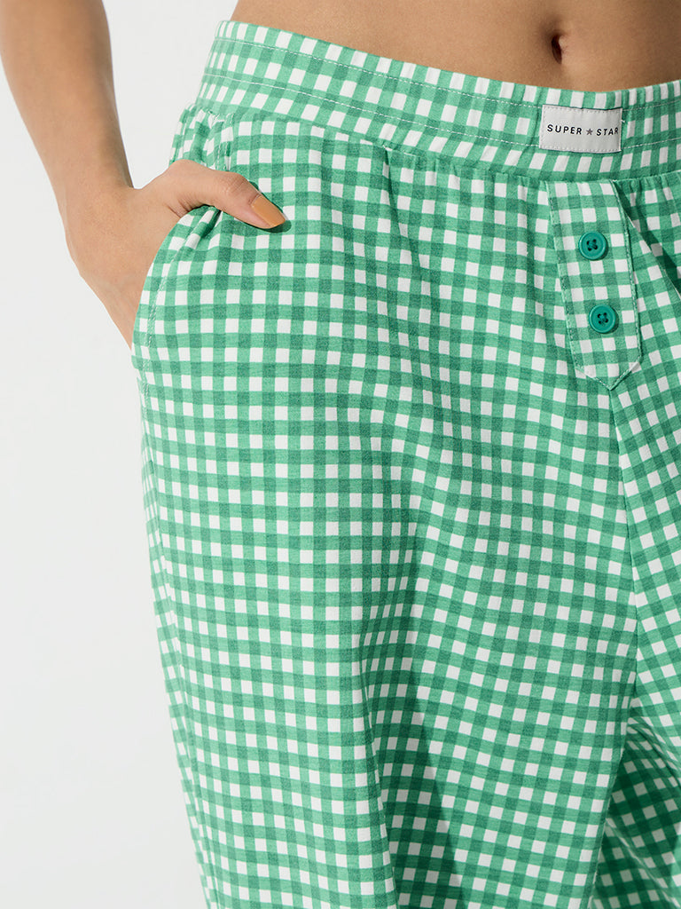 Superstar Green Checkered High-Rise Cotton-Blend Pants