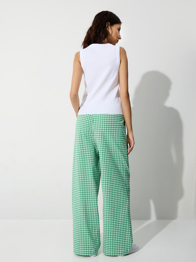 Superstar Green Checkered High-Rise Cotton-Blend Pants