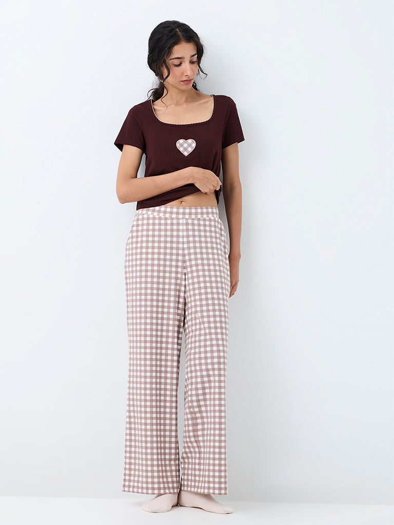 Superstar Taupe Checkered High-Rise Cotton-Blend Pants