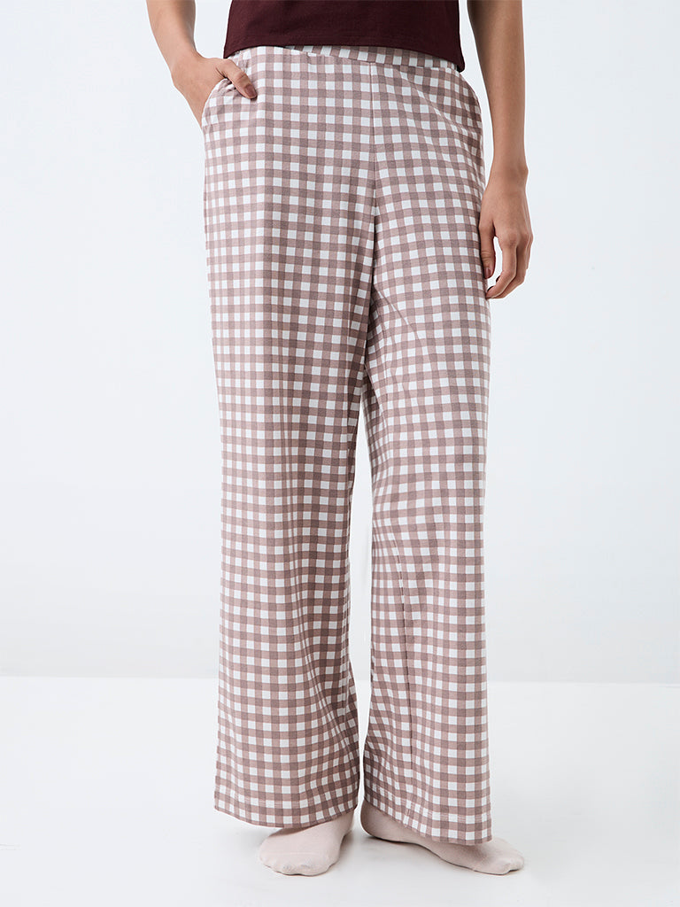 Superstar Taupe Checkered High-Rise Cotton-Blend Pants