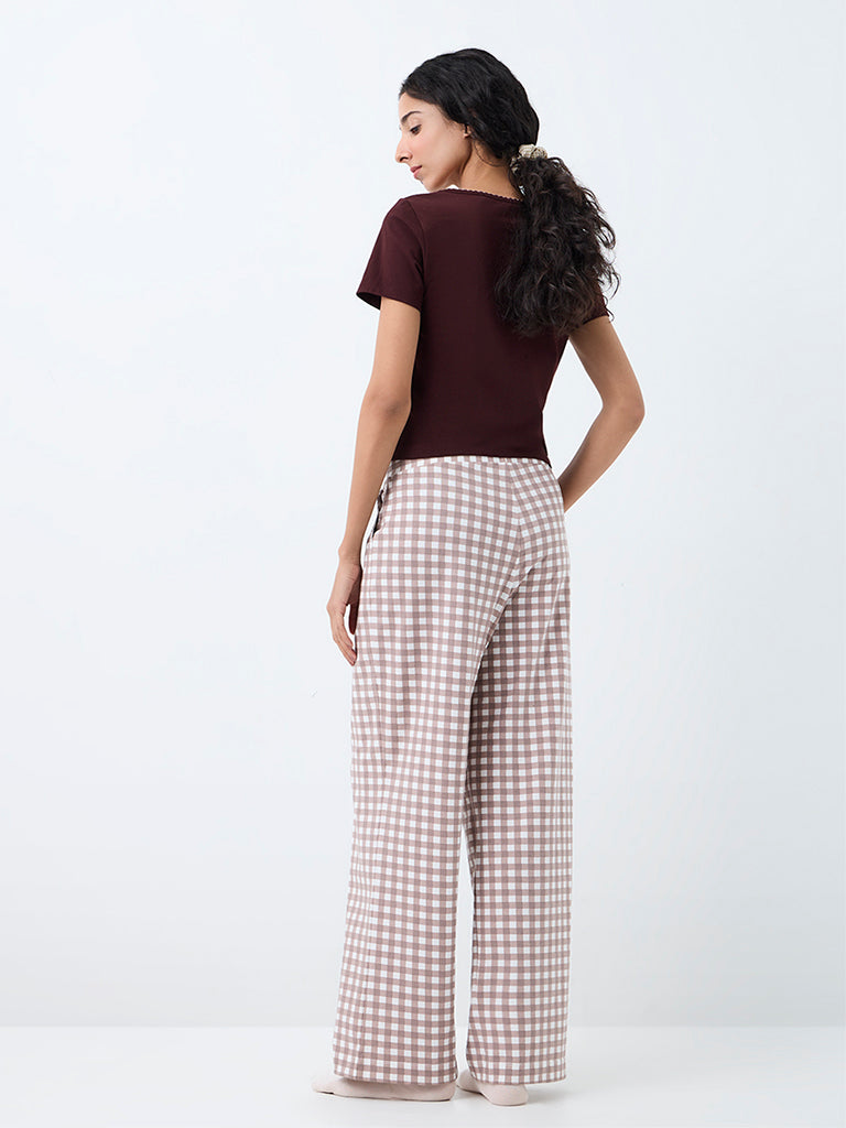 Superstar Taupe Checkered High-Rise Cotton-Blend Pants