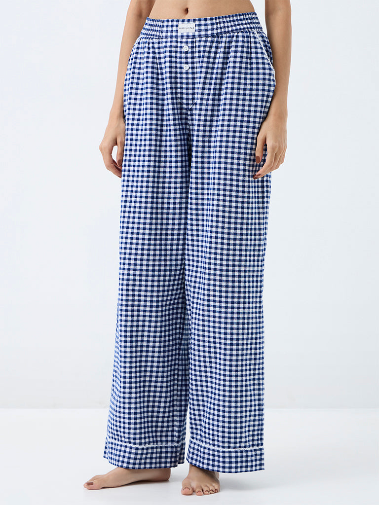 Superstar Navy Gingham Checkered High-Rise Cotton Pants