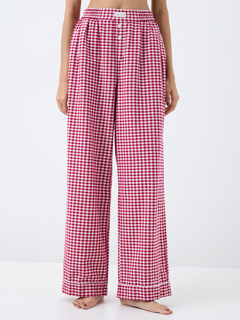 Superstar Red Gingham Checkered High-Rise Cotton Pants
