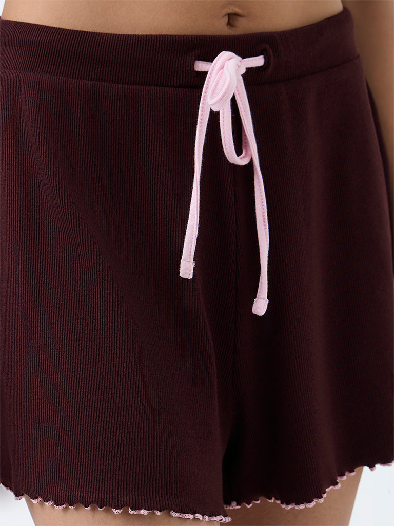 Superstar Dark Brown Ribbed High-Rise Cotton-Blend Shorts