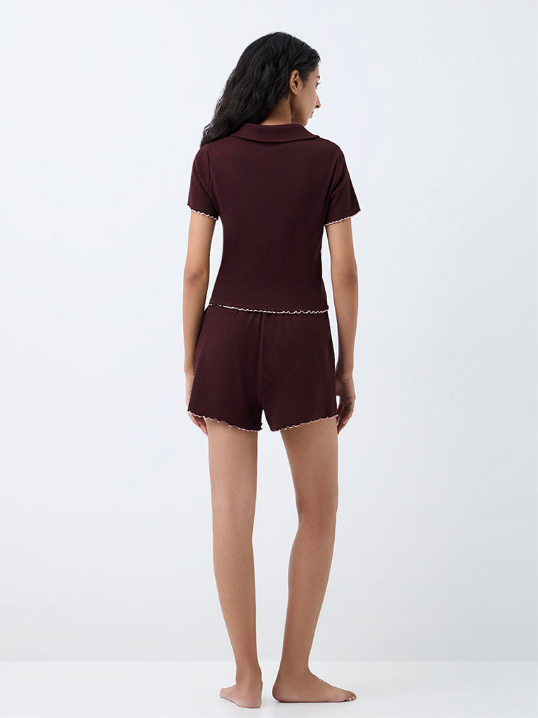Superstar Dark Brown Ribbed High-Rise Cotton-Blend Shorts