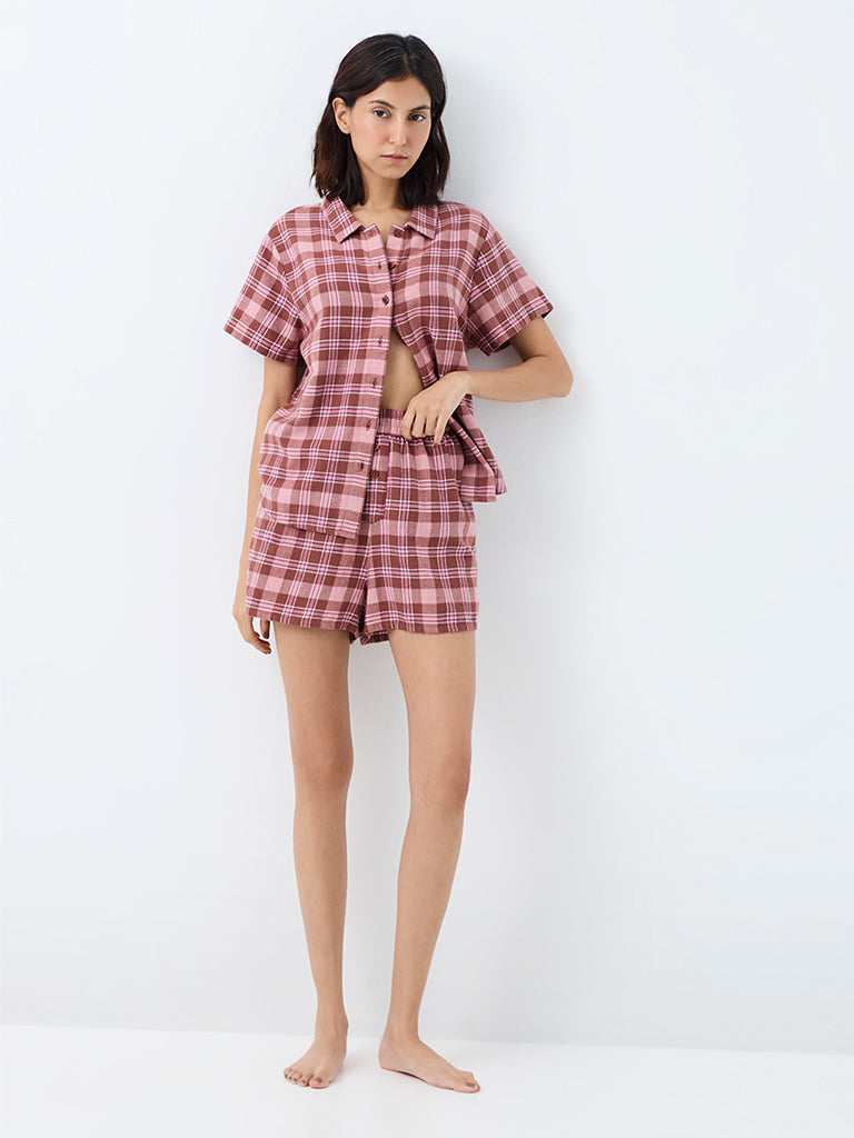 Superstar Brown Checks Pattern High-Rise Cotton Shorts