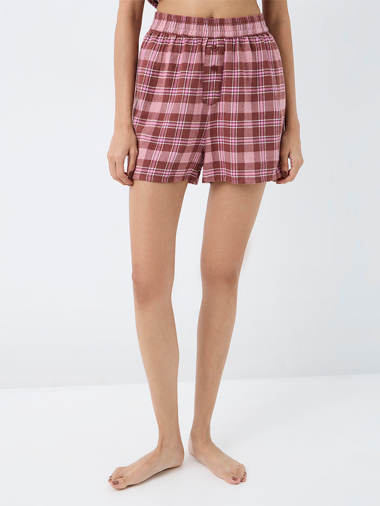 Superstar Brown Checks Pattern High-Rise Cotton Shorts