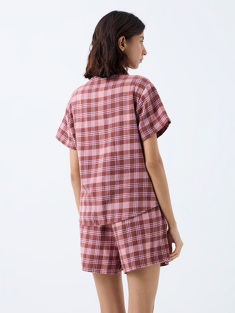 Superstar Brown Checks Pattern High-Rise Cotton Shorts