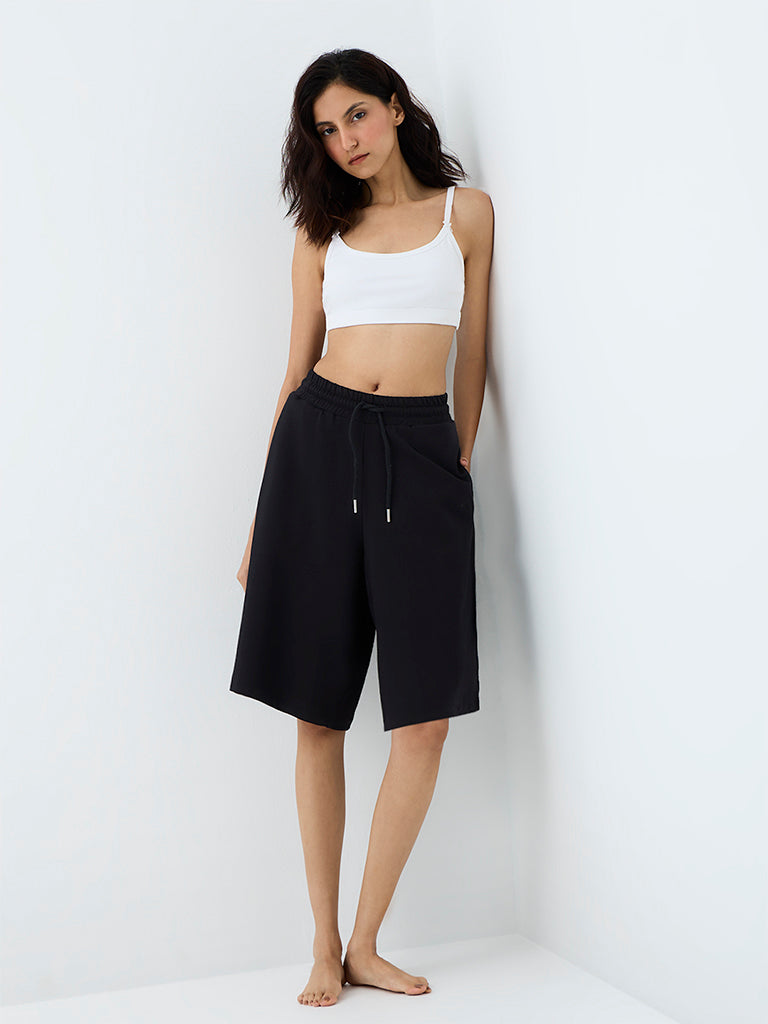 Superstar Black Solid High-Rise Cotton-Blend Jorts