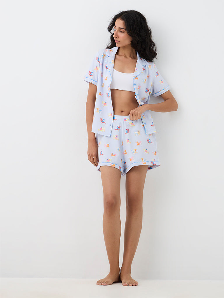 Superstar Light Blue Animal Printed Cotton-Blend Shirt