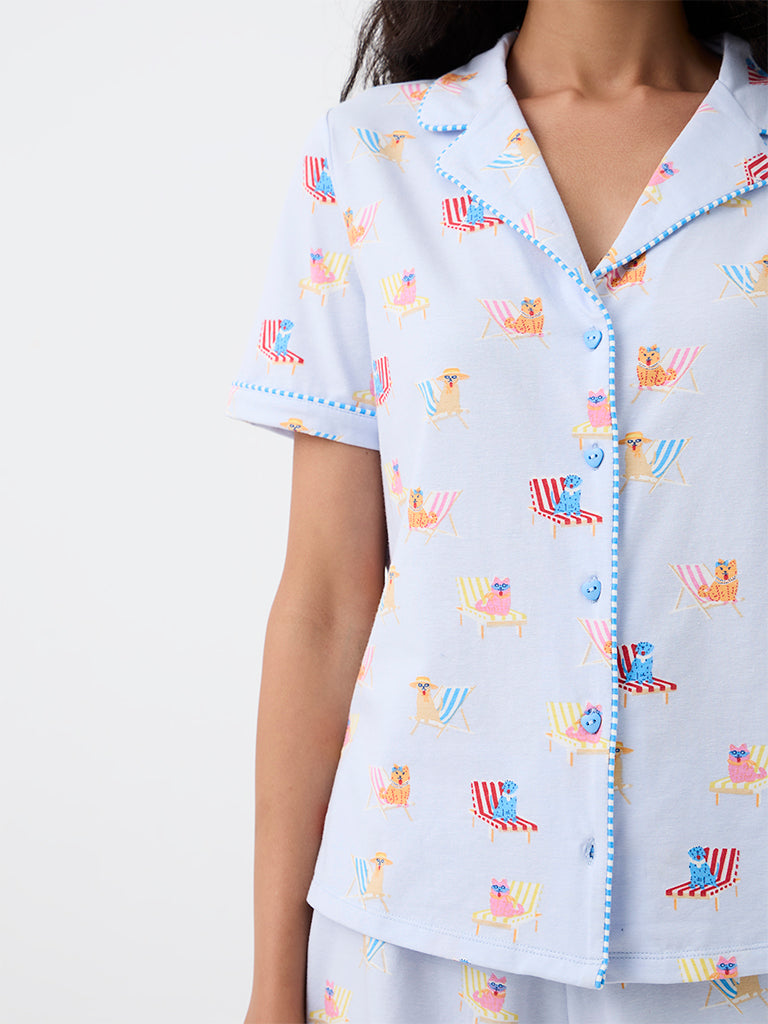 Superstar Light Blue Animal Printed Cotton-Blend Shirt