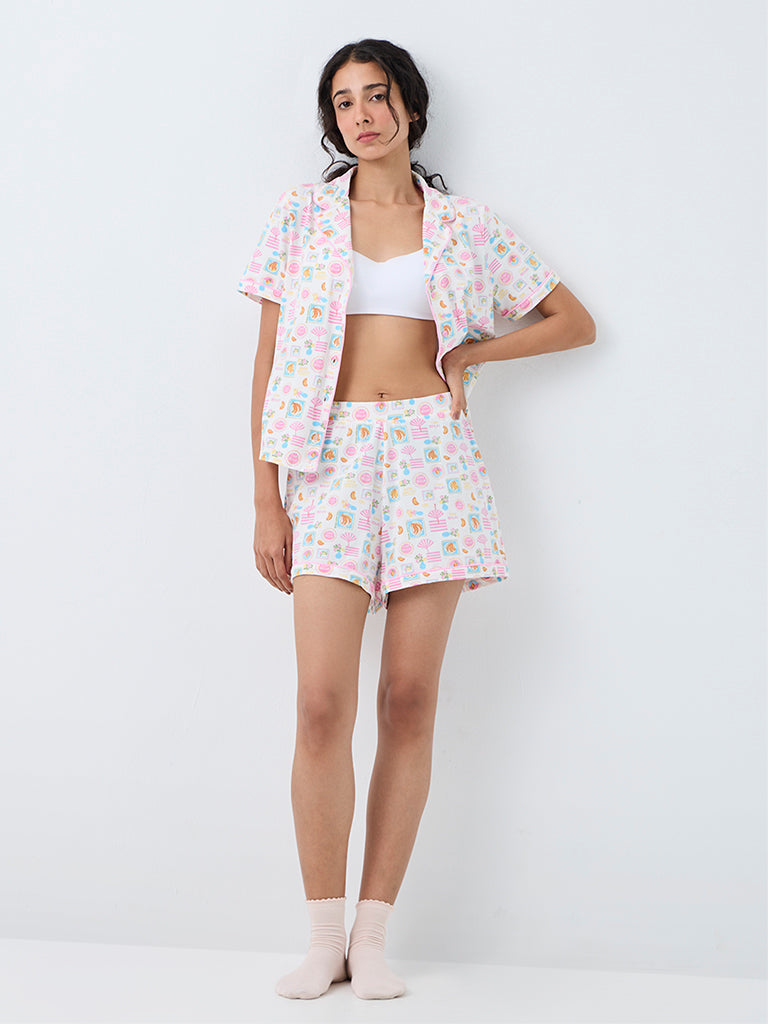 Superstar White Printed Cotton-Blend Shirt and Shorts Set
