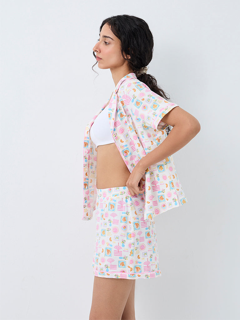 Superstar White Printed Cotton-Blend Shirt and Shorts Set