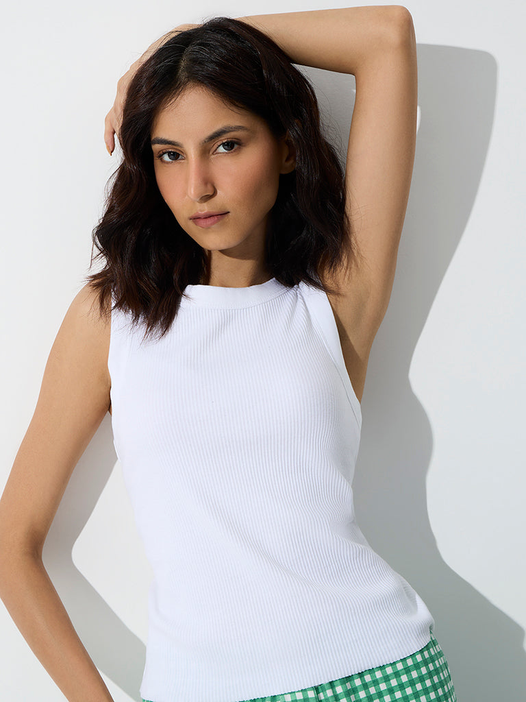 Superstar White Ribbed Cotton-Blend Tank Top