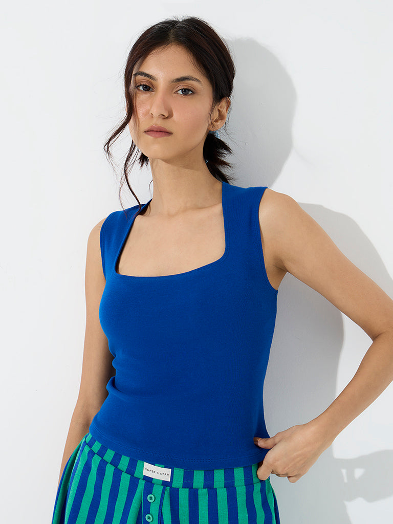 Superstar Blue Solid Cotton-Blend Tank Top