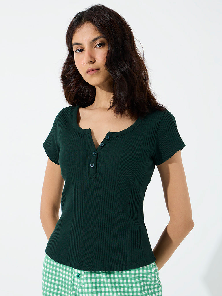 Superstar Dark Green Ribbed Cotton-Blend Top