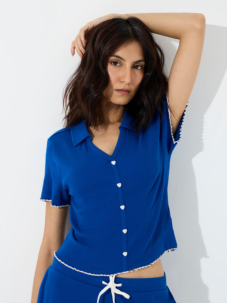 Superstar Blue Ribbed Cotton-Blend Top