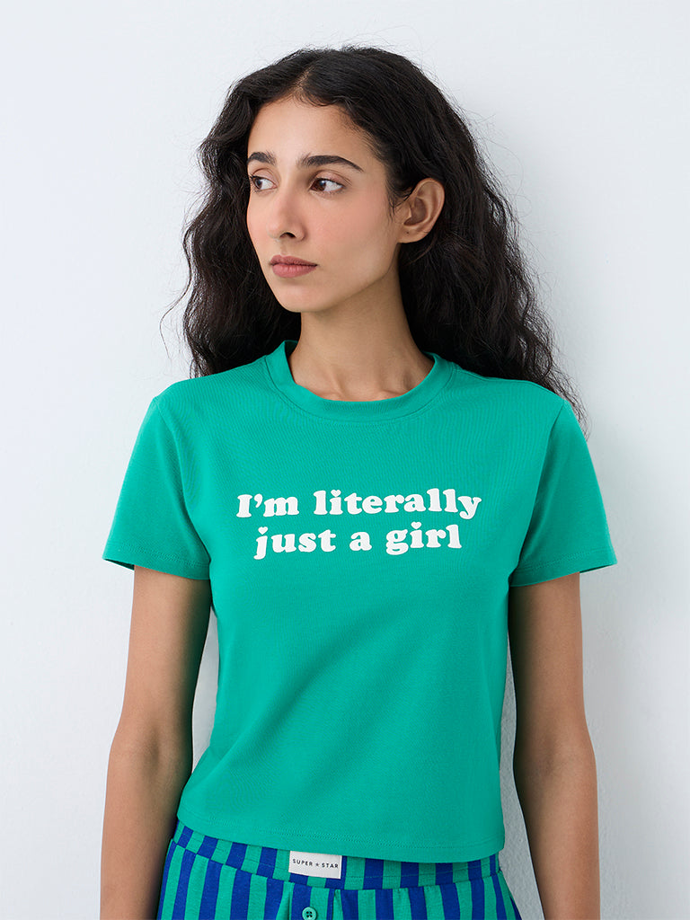 Superstar Green Text Printed Cotton T-Shirt