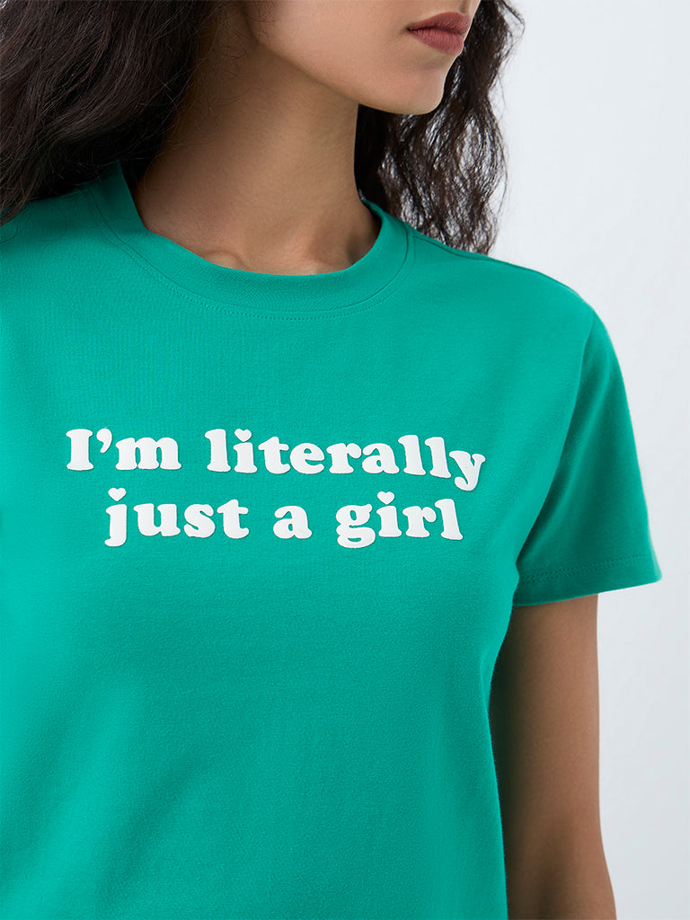 Superstar Green Text Printed Cotton T-Shirt