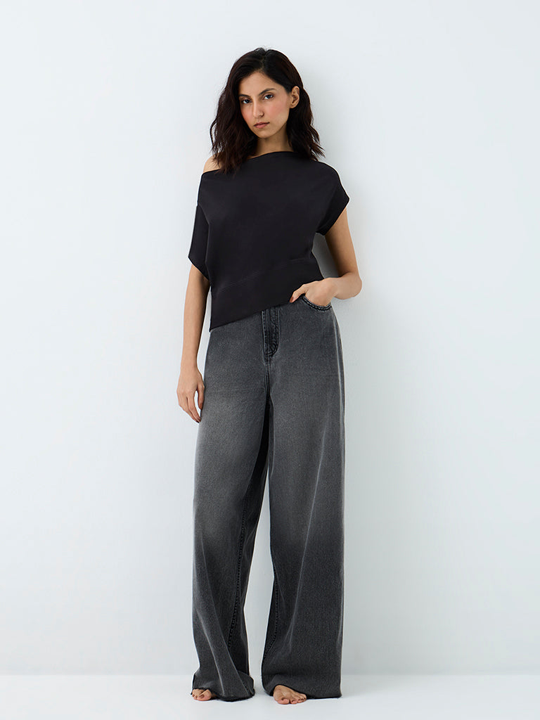 Superstar Black One-Shoulder Cotton-Blend Top