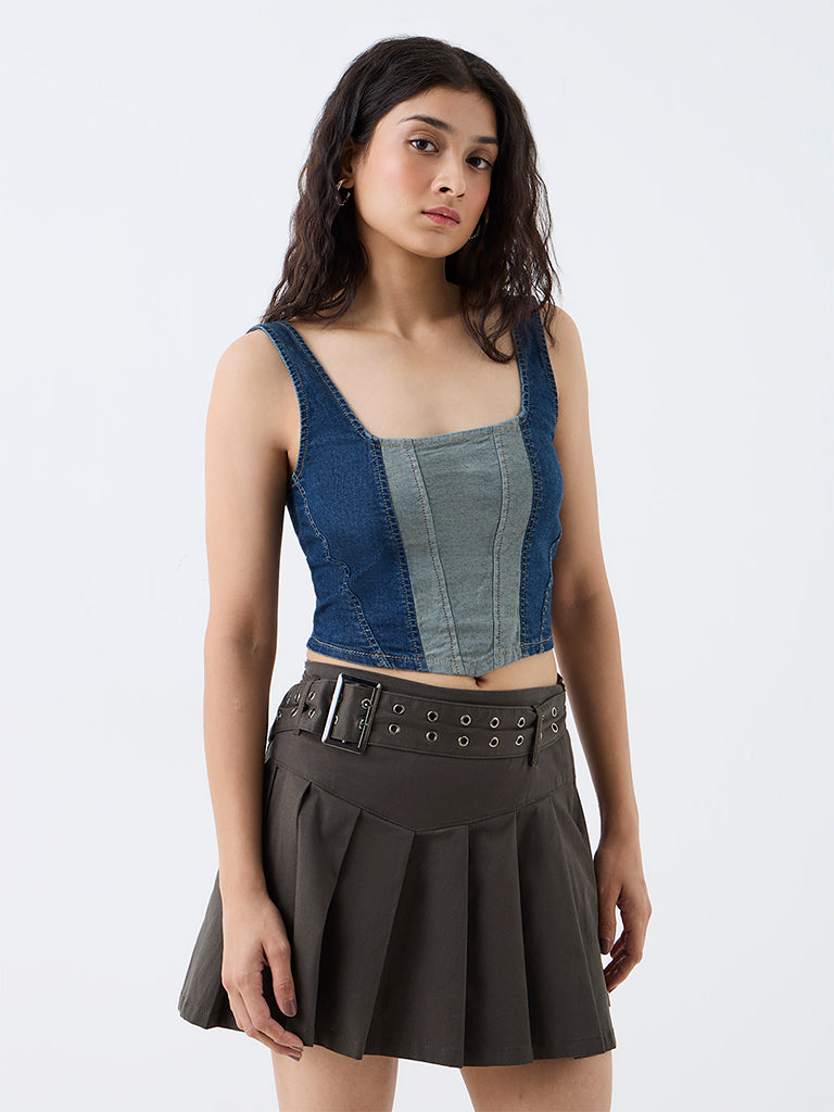 Nuon Dark Blue Colour-Blocked Bustier Denim Top