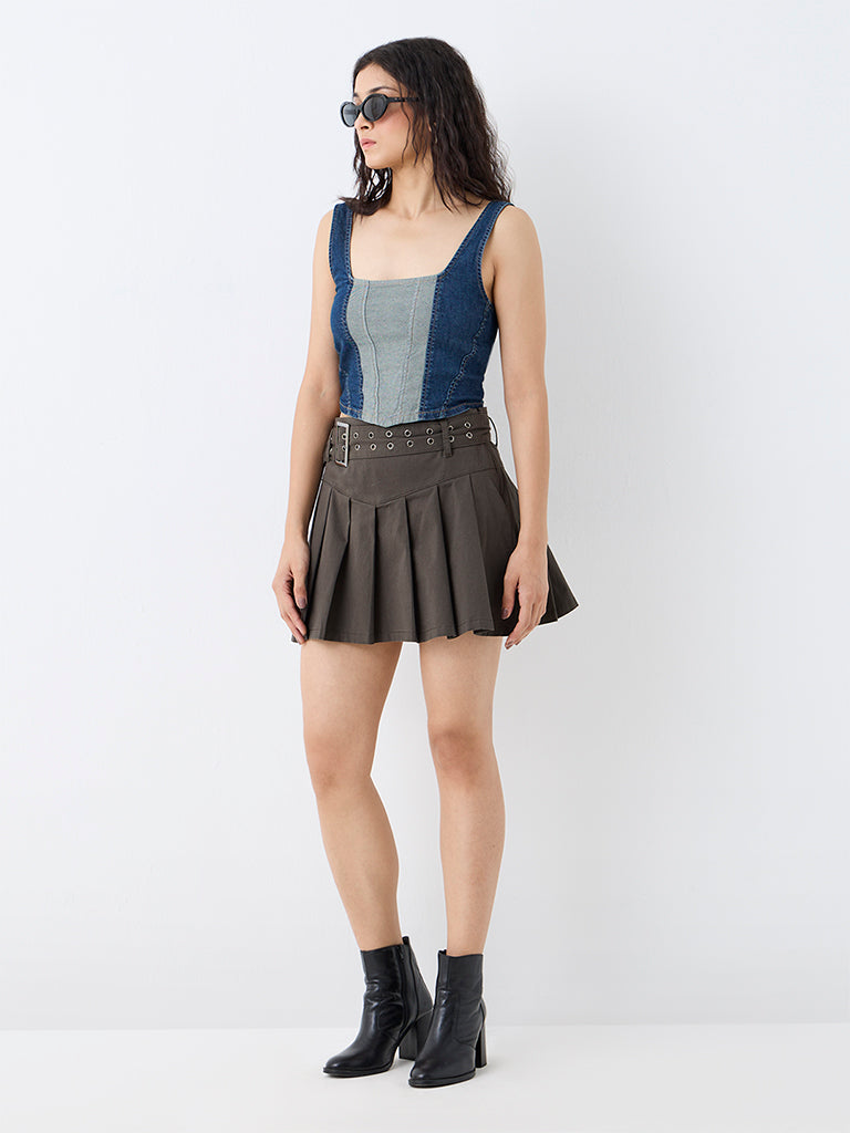 Nuon Dark Blue Colour-Blocked Bustier Denim Top