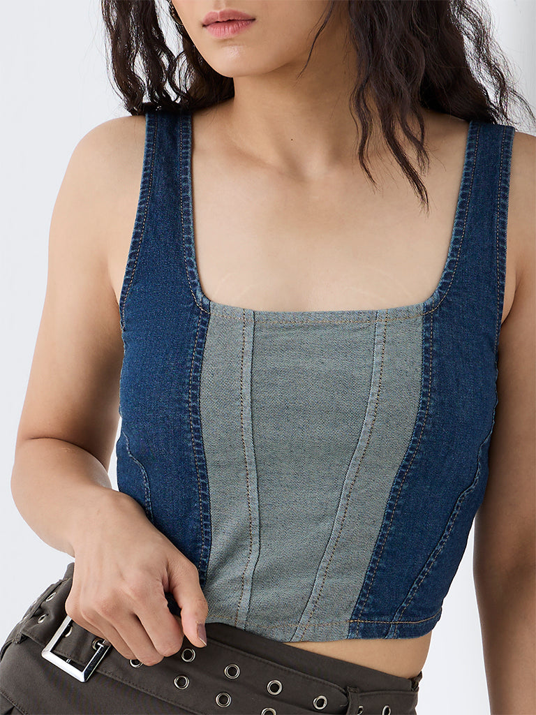 Nuon Dark Blue Colour-Blocked Bustier Denim Top