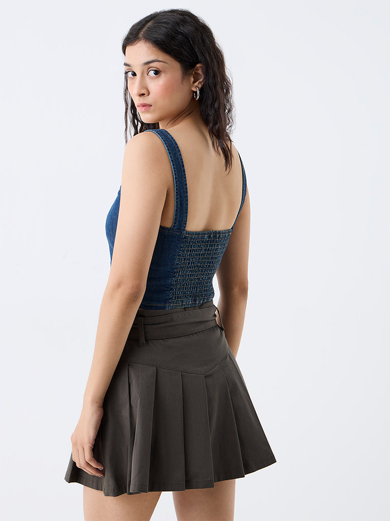 Nuon Dark Blue Colour-Blocked Bustier Denim Top