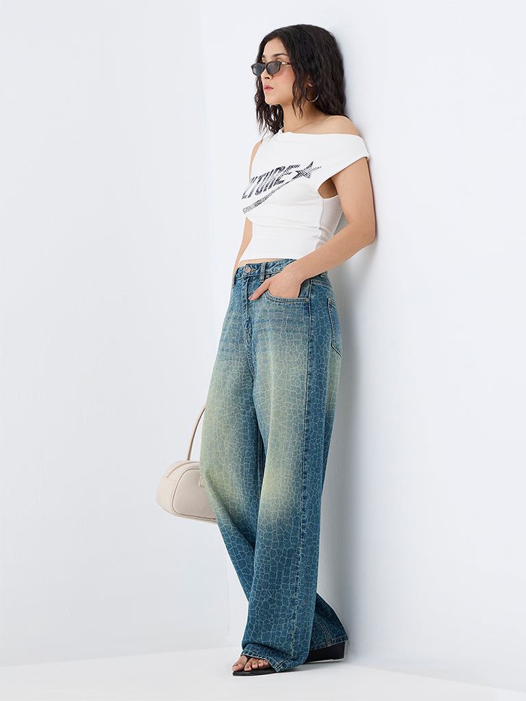 Nuon Blue Wash High-Waist Jeans with Animal Prints