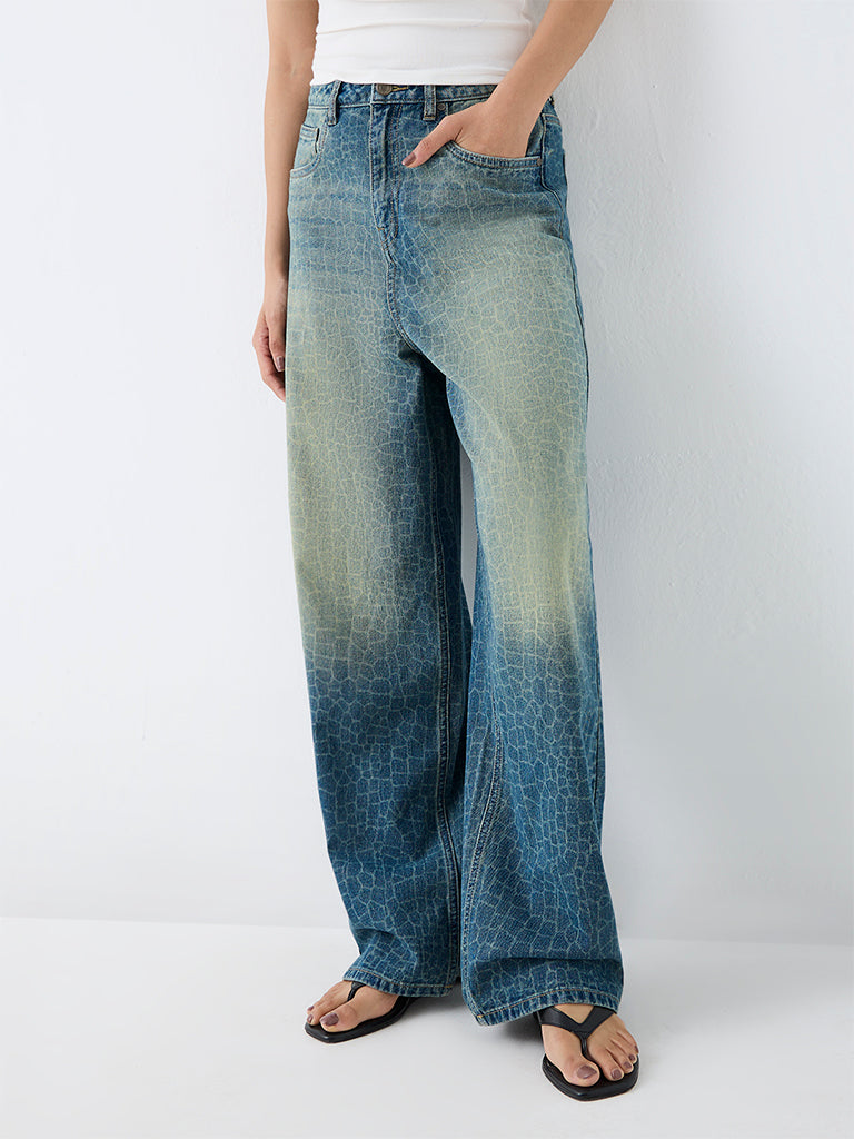 Nuon Blue Wash High-Waist Jeans with Animal Prints