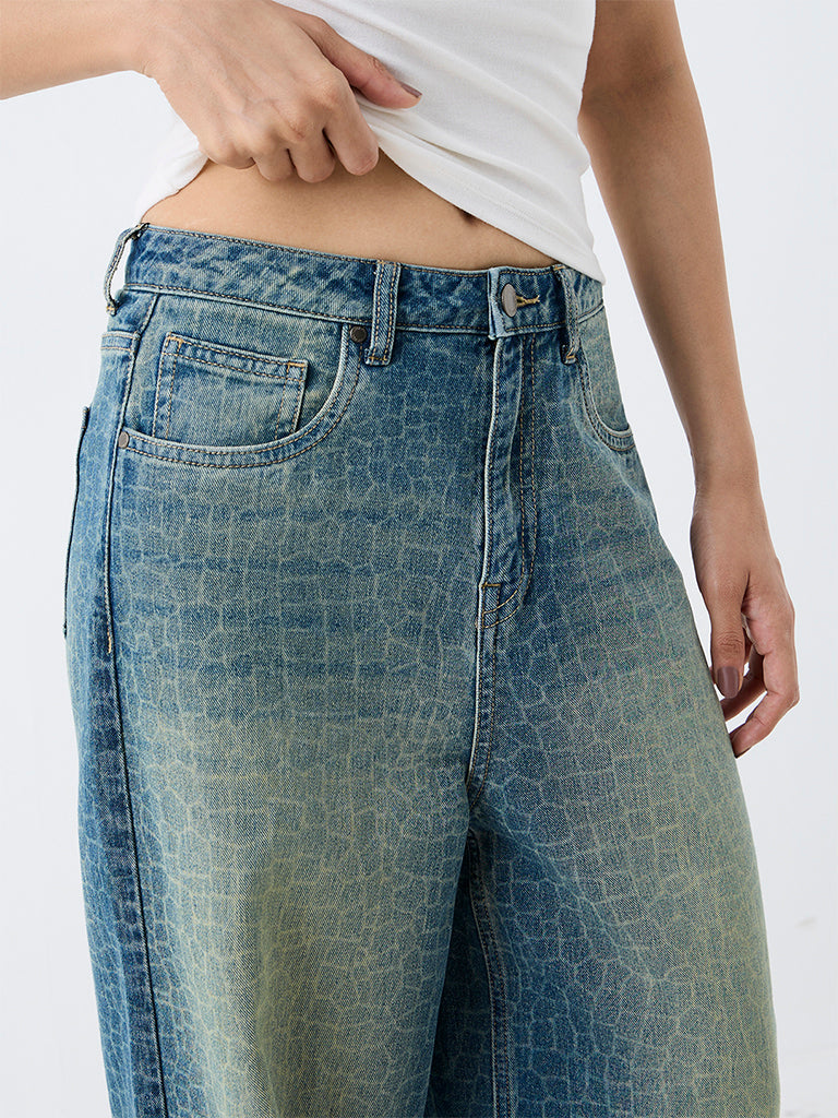 Nuon Blue Wash High-Waist Jeans with Animal Prints