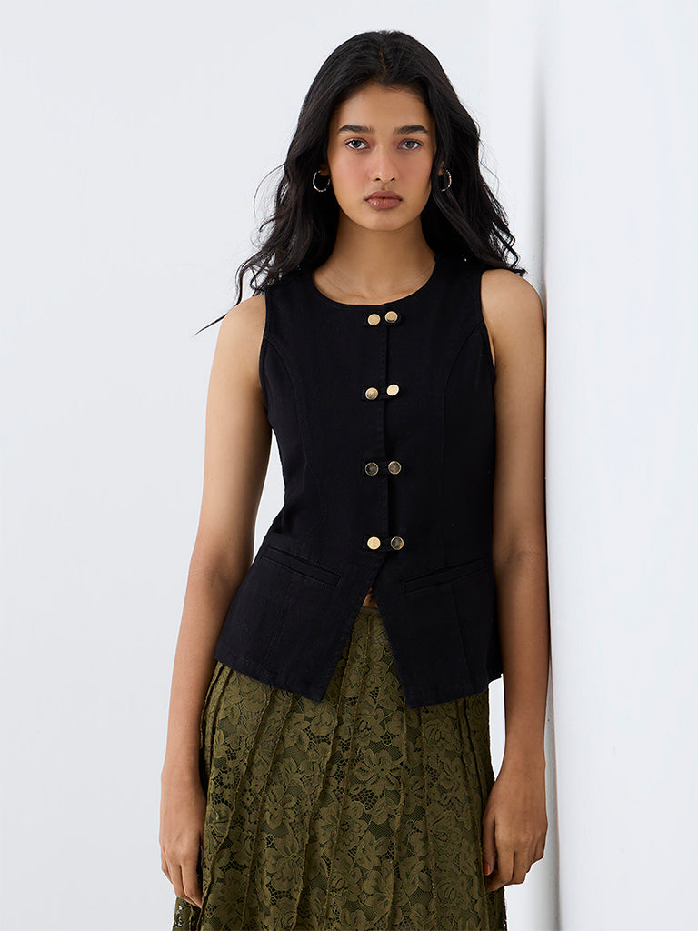 LOV Black Loop Button Denim Top