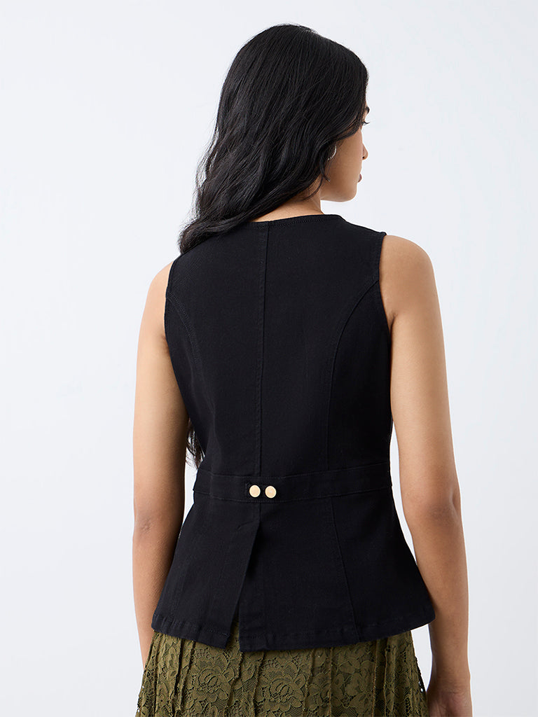 LOV Black Loop Button Denim Top