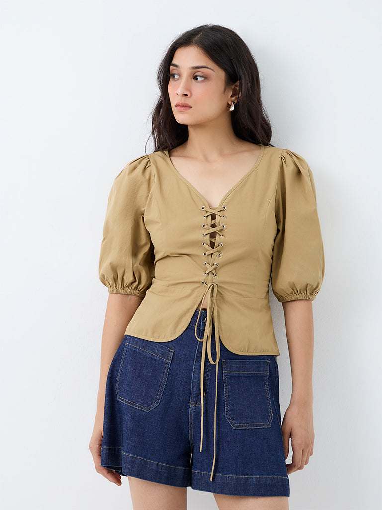 LOV Beige Criss-Cross Detailed Cotton Blouse