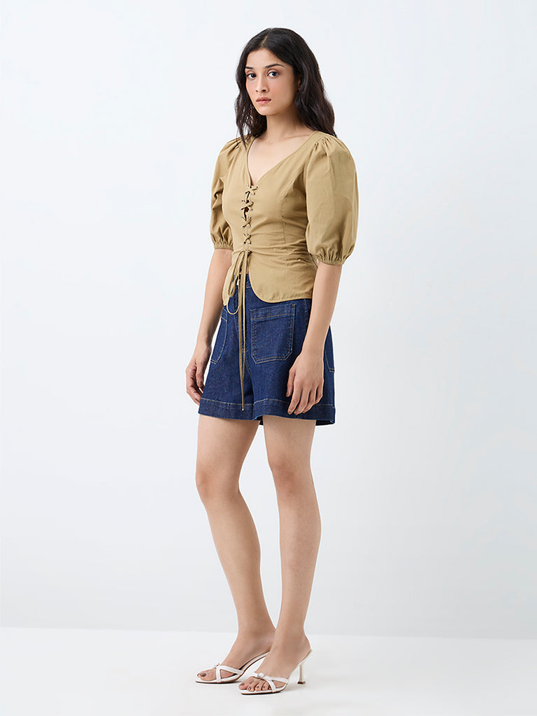 LOV Beige Criss-Cross Detailed Cotton Blouse