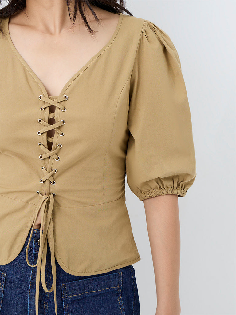LOV Beige Criss-Cross Detailed Cotton Blouse