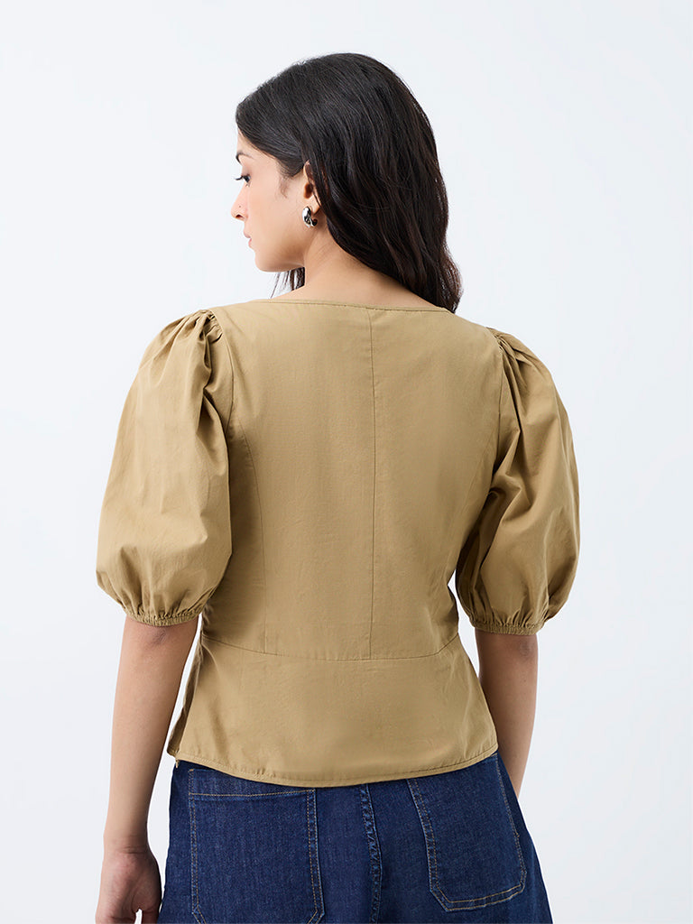 LOV Beige Criss-Cross Detailed Cotton Blouse