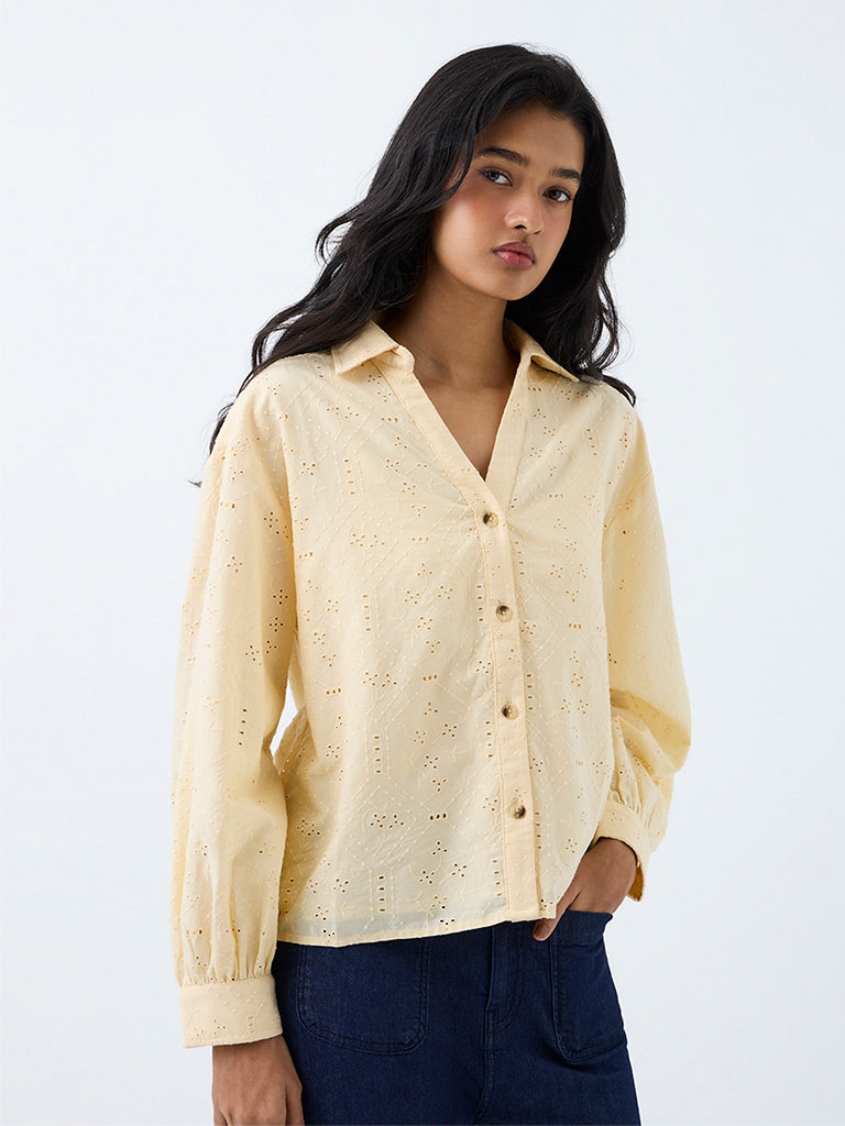 LOV Light Yellow Schiffli Embroidered Cotton Blouse