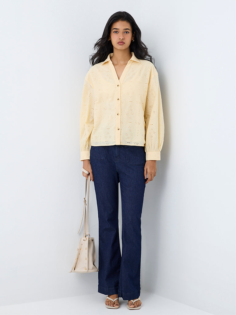 LOV Light Yellow Schiffli Embroidered Cotton Blouse