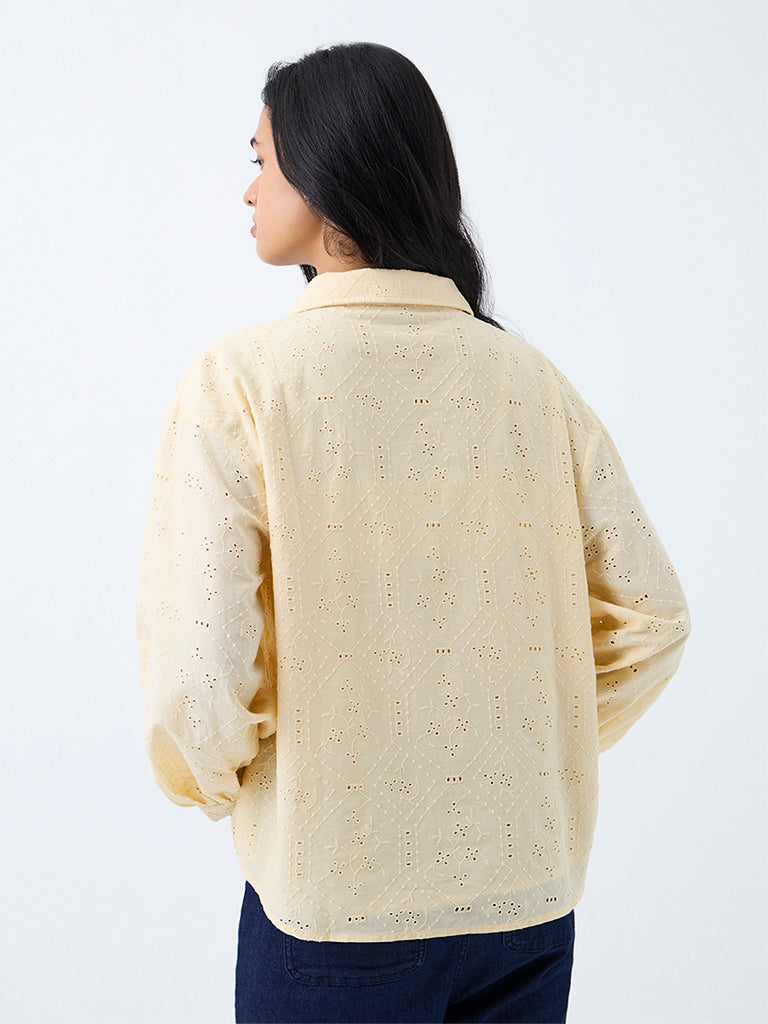 LOV Light Yellow Schiffli Embroidered Cotton Blouse
