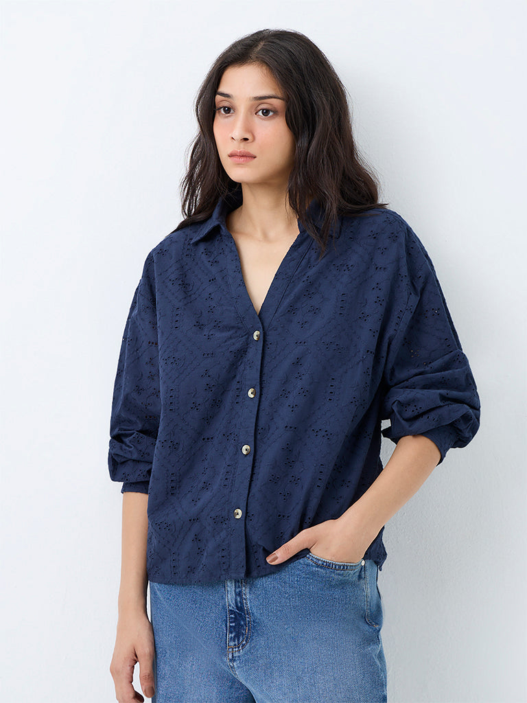 LOV Navy Broderie Anglaise Cotton Shirt