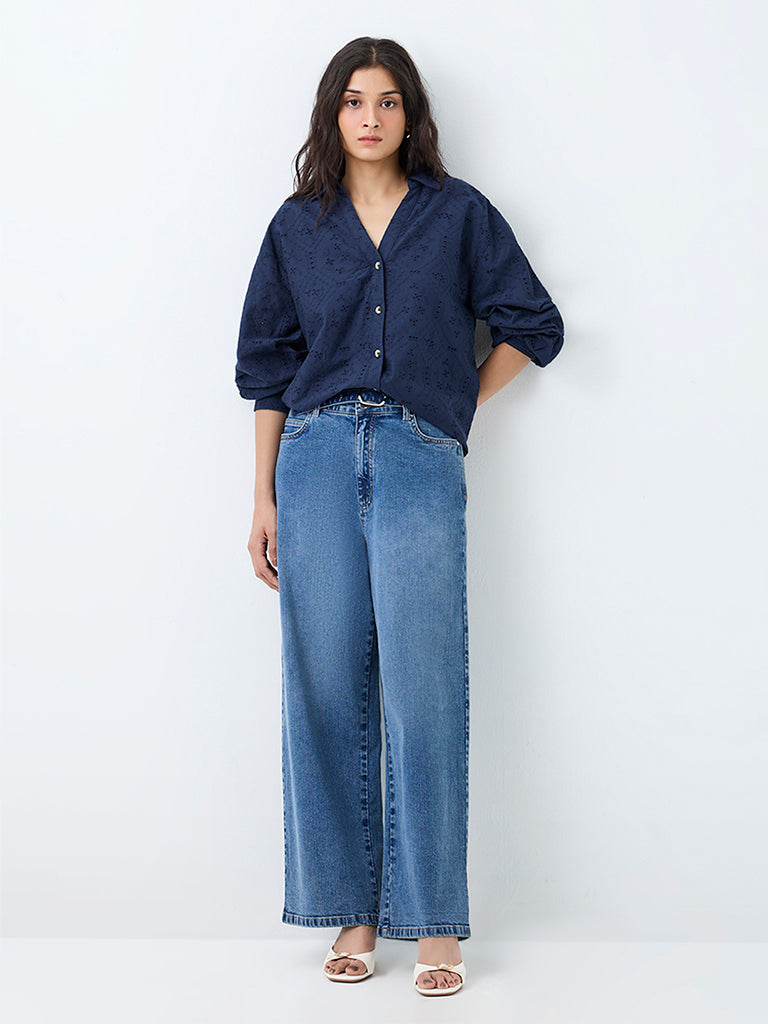 LOV Navy Broderie Anglaise Cotton Shirt