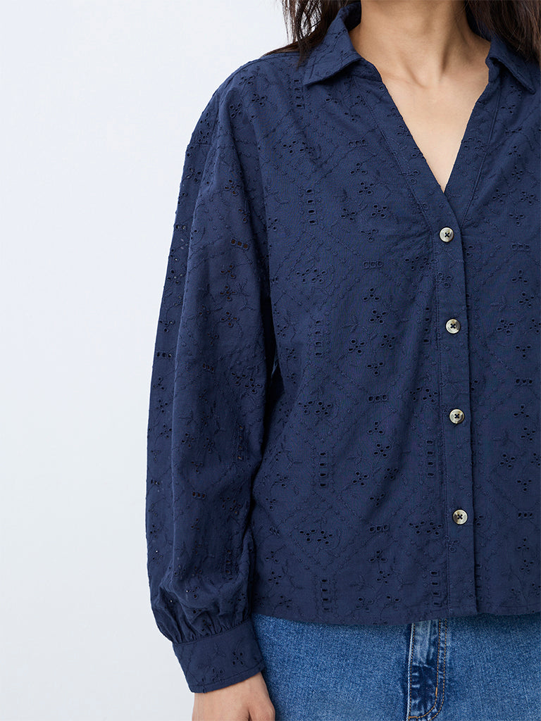 LOV Navy Broderie Anglaise Cotton Shirt