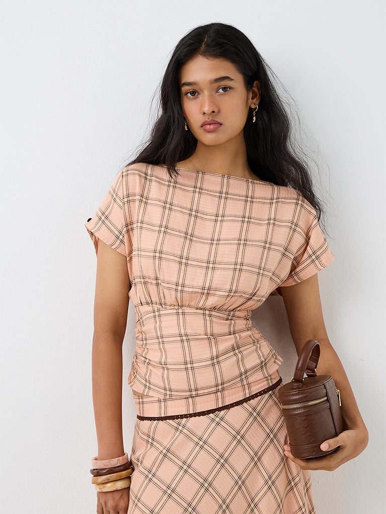 LOV Peach Plaid Checkered Top
