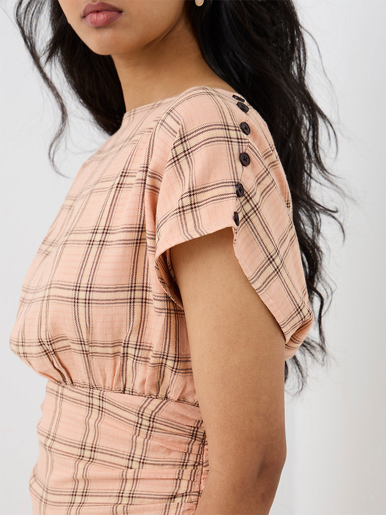 LOV Peach Plaid Checkered Top