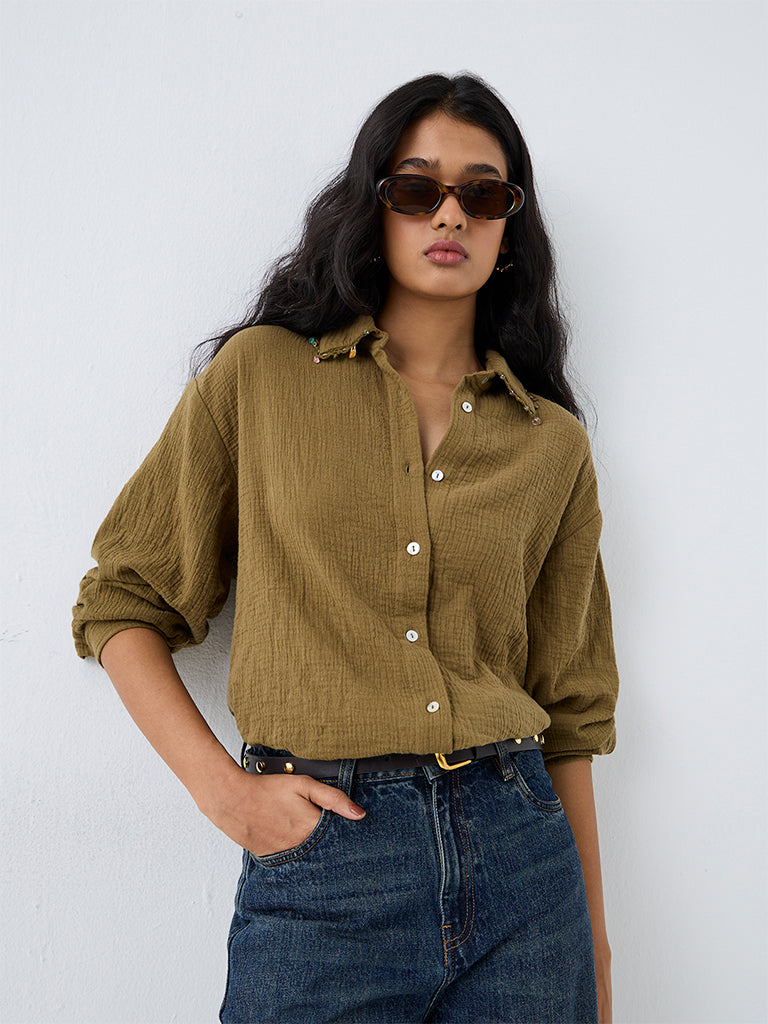 LOV Sage Crinkle-Textured Shirt