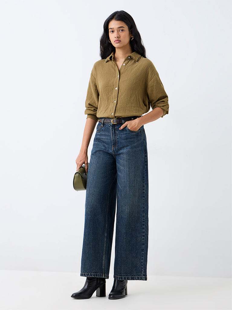 LOV Sage Crinkle-Textured Shirt