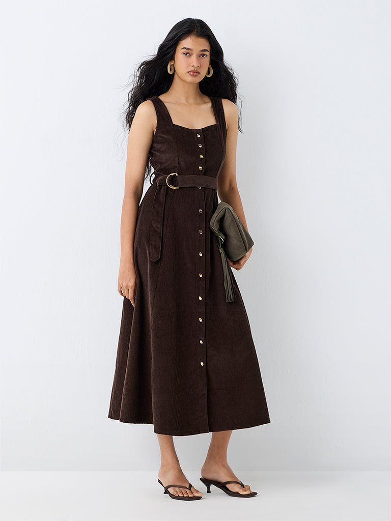 LOV Dark Brown Corduroy Cotton A-Line Dress with Belt