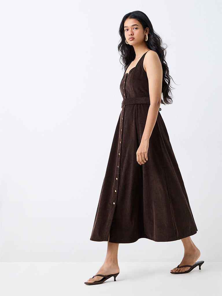 LOV Dark Brown Corduroy Cotton A-Line Dress with Belt