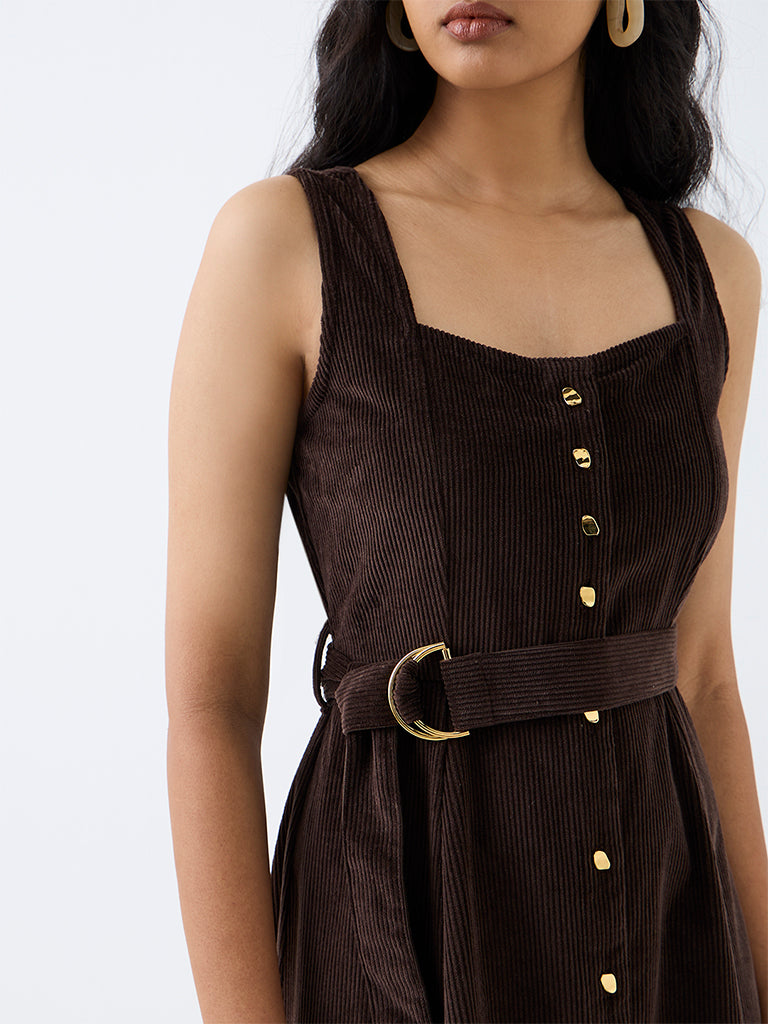 LOV Dark Brown Corduroy Cotton A-Line Dress with Belt